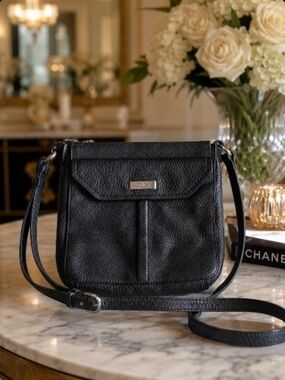 Cole Haan Black Pebbled Leather Adjustable Strap Gold Hardware Crossbody Bag